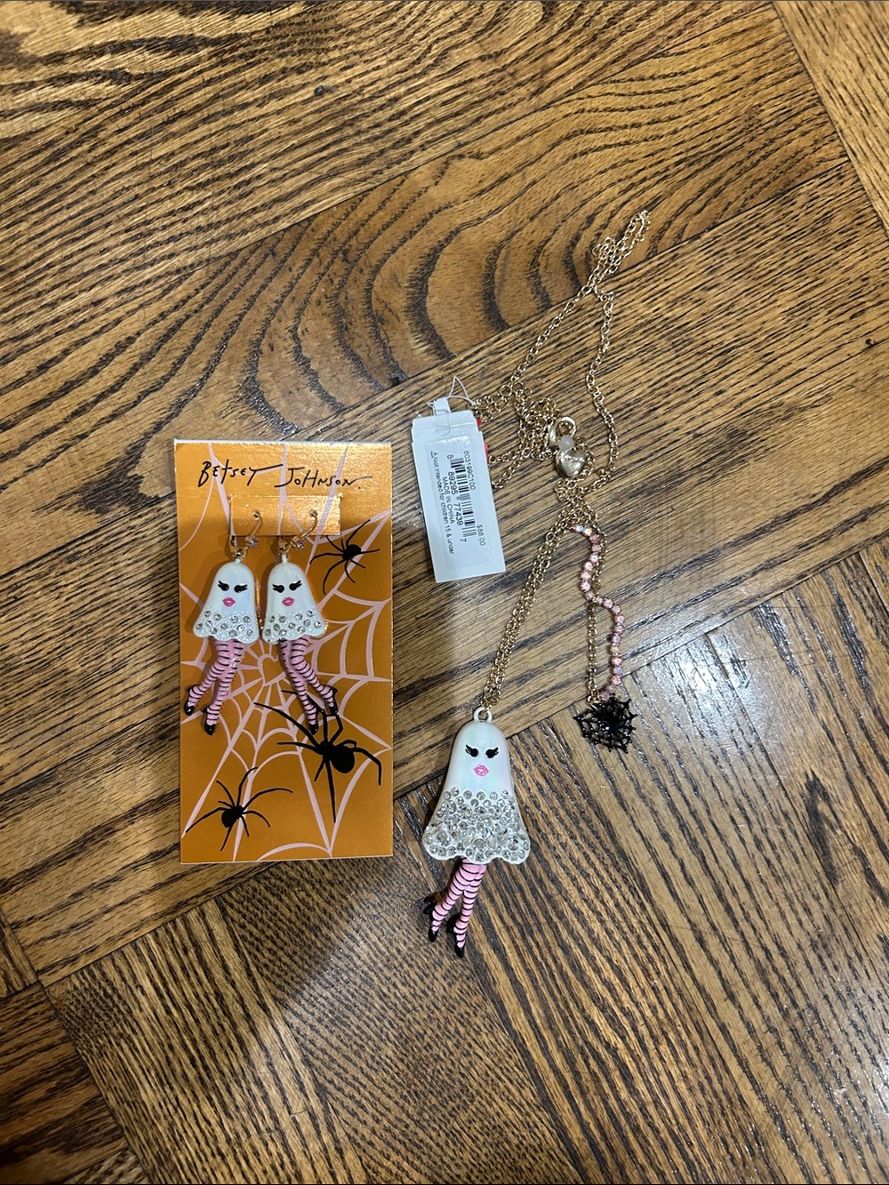 Betsey Johnson Lady Ghost Pendant Necklace w/Crystal Accents & Matching Earrings